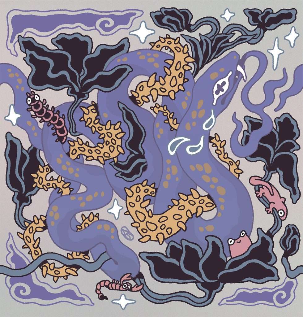 An illustration of a snake with two long fangs and an extended forked tongue winding across view, its purple body spotted with gold and intertwined with yellow-gold vines with thorns. Three large waterdrop tears flow from the snake's eye. Surrounding the snake's body, various dark teal and black leaf and flower structures sprout and intertwine with the vines. Scattered around and interacting with the snake are four smaller creatures. In order from top left counter-clockwise: A centipede, a scorpion, a toad, and a lizard. The background of the illustration contains clouds and sparkles, evocative of a night sky.